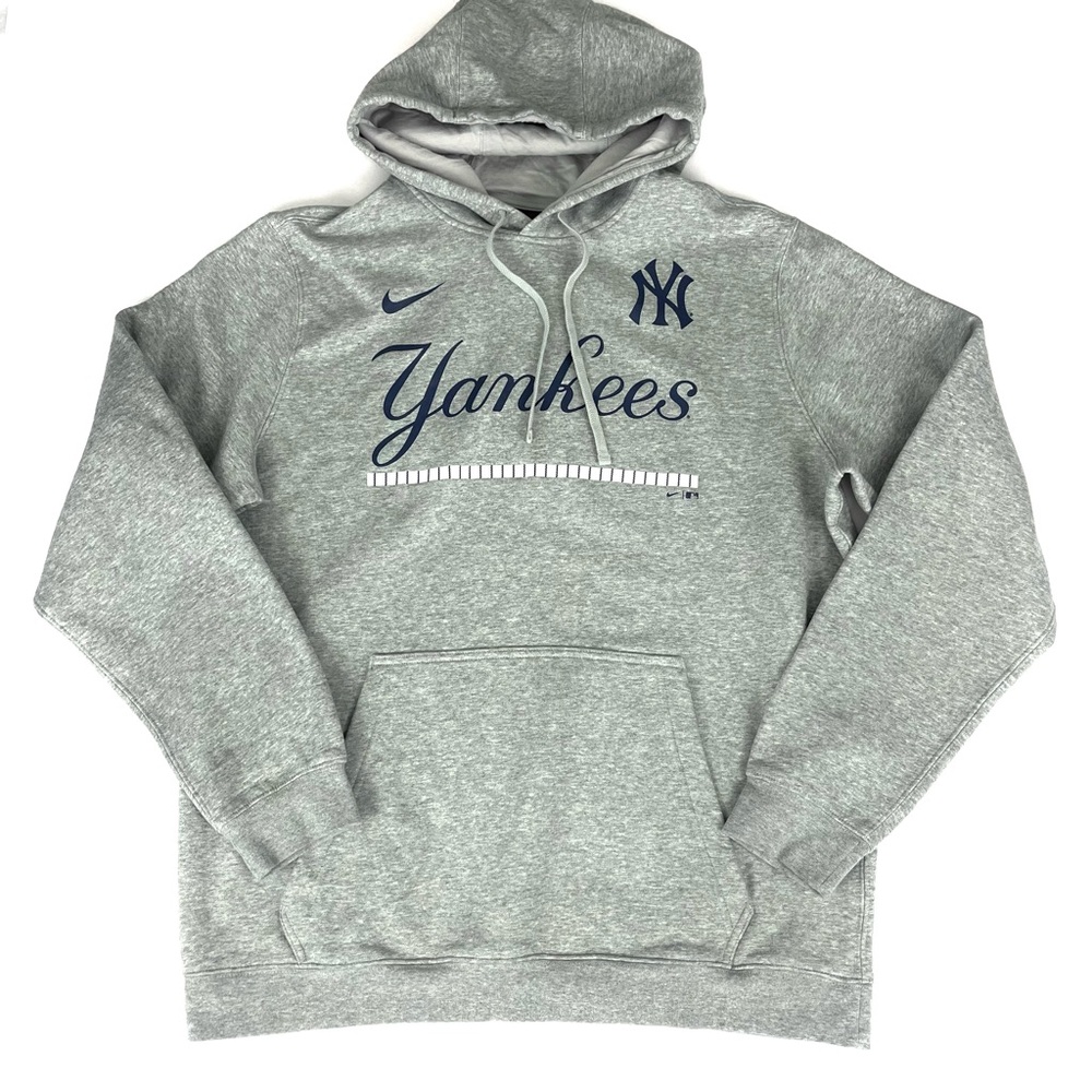 Nike MLB Men’s New York Yankees Logo Grey Blue Pullover Hoodie Sweatshirt
